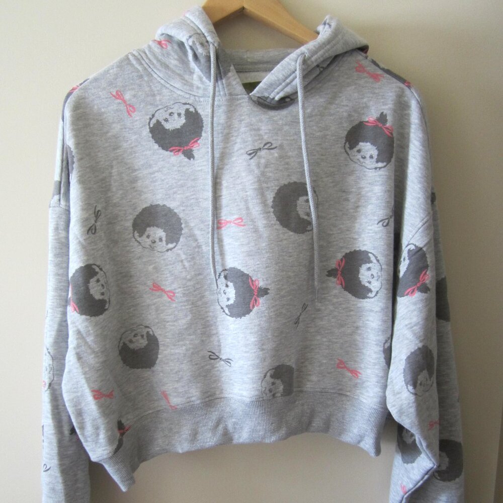 Monchhichi Grey Cropped Hooded Sweat Shirt Bow Ribbon, NEW
